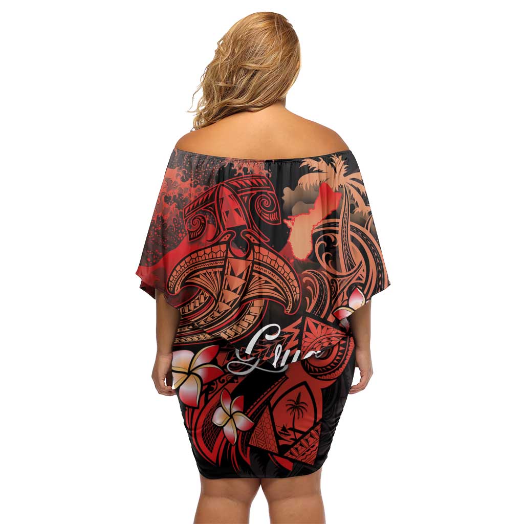 Guam Tribal Chamorro Off Shoulder Short Dress Polynesian Shark with Plumeria and Sea Vibe - Polynesian Pride