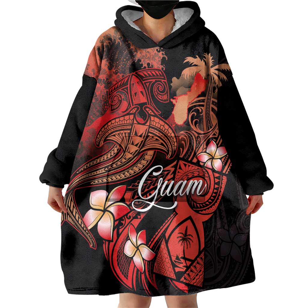 Guam Tribal Chamorro Wearable Blanket Hoodie Polynesian Shark with Plumeria and Sea Vibe - Polynesian Pride