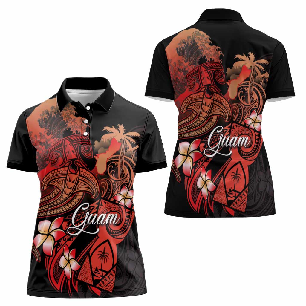 Guam Tribal Chamorro Women Polo Shirt Polynesian Shark with Plumeria and Sea Vibe - Polynesian Pride