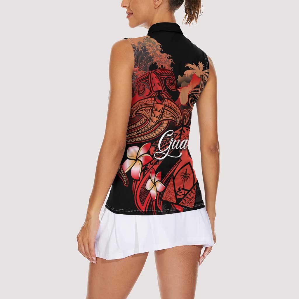 Guam Tribal Chamorro Women Sleeveless Polo Shirt Polynesian Shark with Plumeria and Sea Vibe - Polynesian Pride