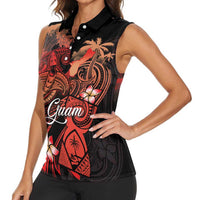 Guam Tribal Chamorro Women Sleeveless Polo Shirt Polynesian Shark with Plumeria and Sea Vibe - Polynesian Pride