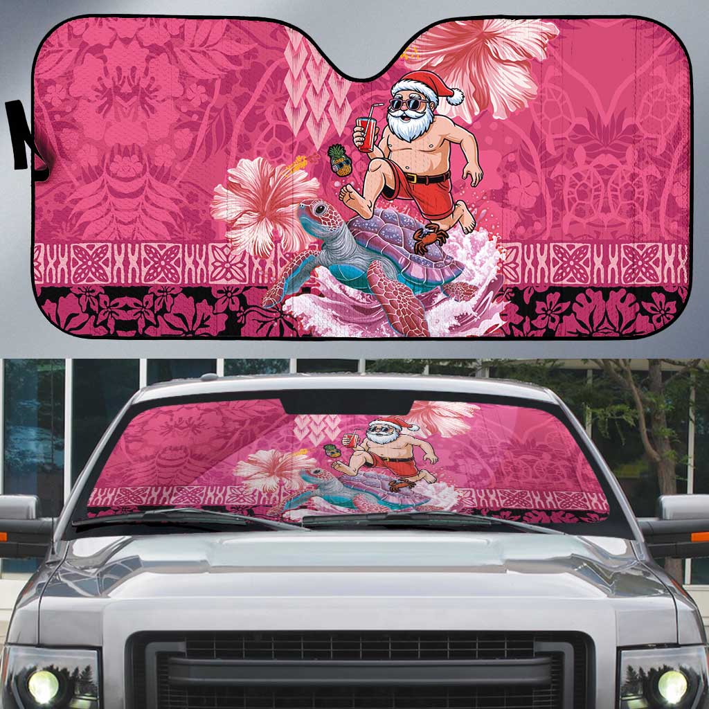 Hawaii Mele Kalikimaka Auto Sun Shade Funny Santa with Tribal Tattoos Kakau Pink Color - Polynesian Pride