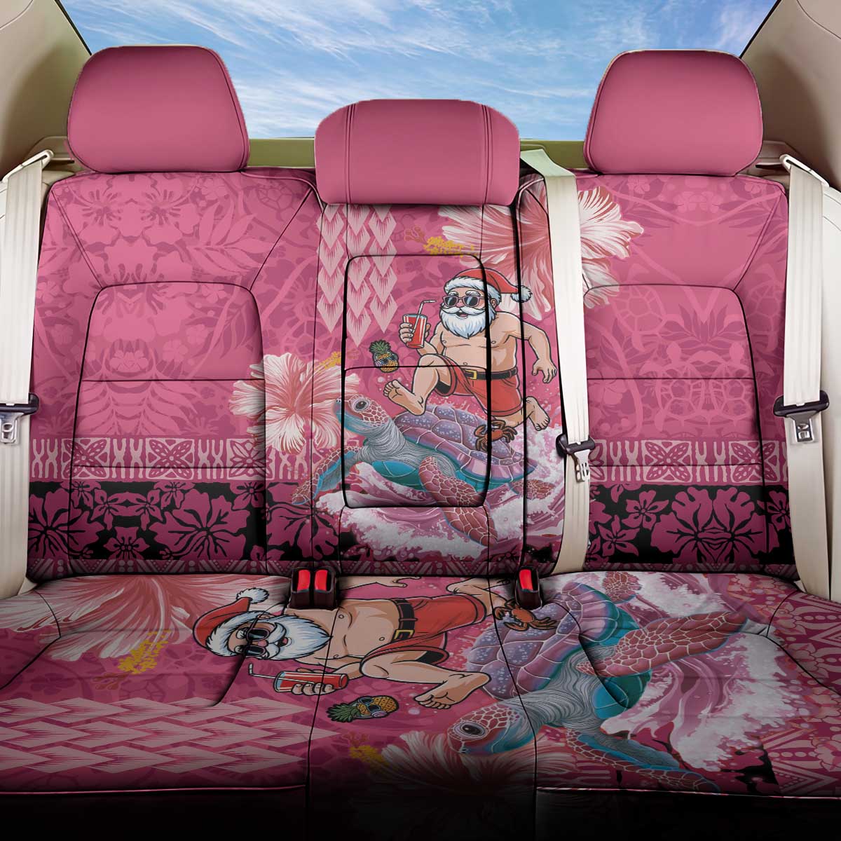 Hawaii Mele Kalikimaka Back Car Seat Cover Funny Santa with Tribal Tattoos Kakau Pink Color - Polynesian Pride