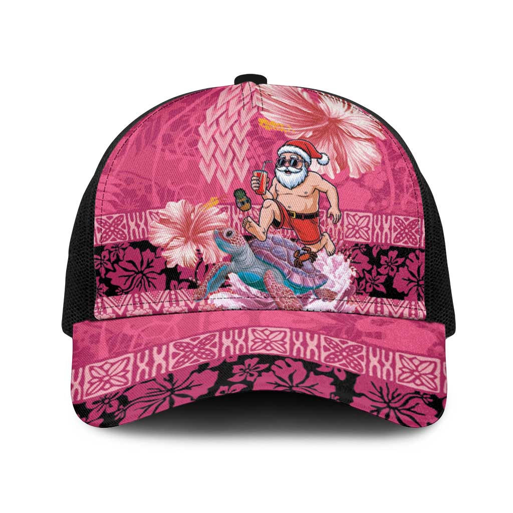 Hawaii Mele Kalikimaka Baseball Net Cap Funny Santa with Tribal Tattoos Kakau Pink Color - Polynesian Pride