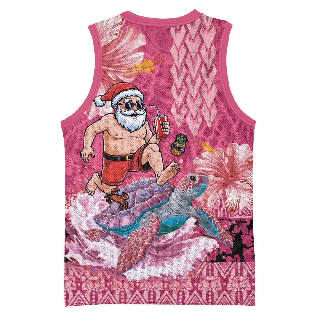 Hawaii Mele Kalikimaka Basketball Jersey Funny Santa with Tribal Tattoos Kakau Pink Color - Polynesian Pride