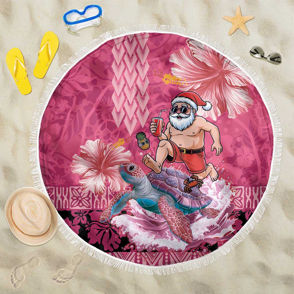 Hawaii Mele Kalikimaka Beach Blanket Funny Santa with Tribal Tattoos Kakau Pink Color - Polynesian Pride