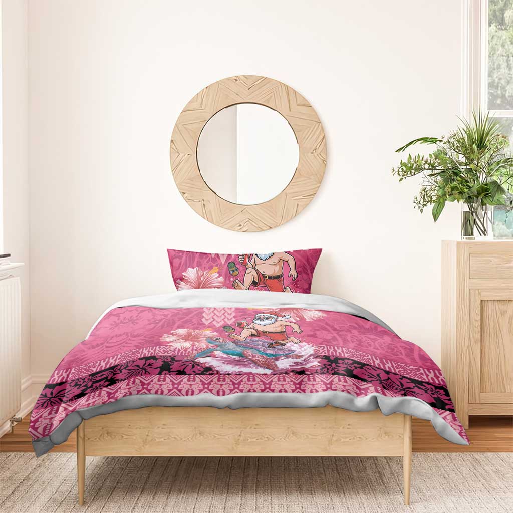 Hawaii Mele Kalikimaka Bedding Set Funny Santa with Tribal Tattoos Kakau Pink Color - Polynesian Pride