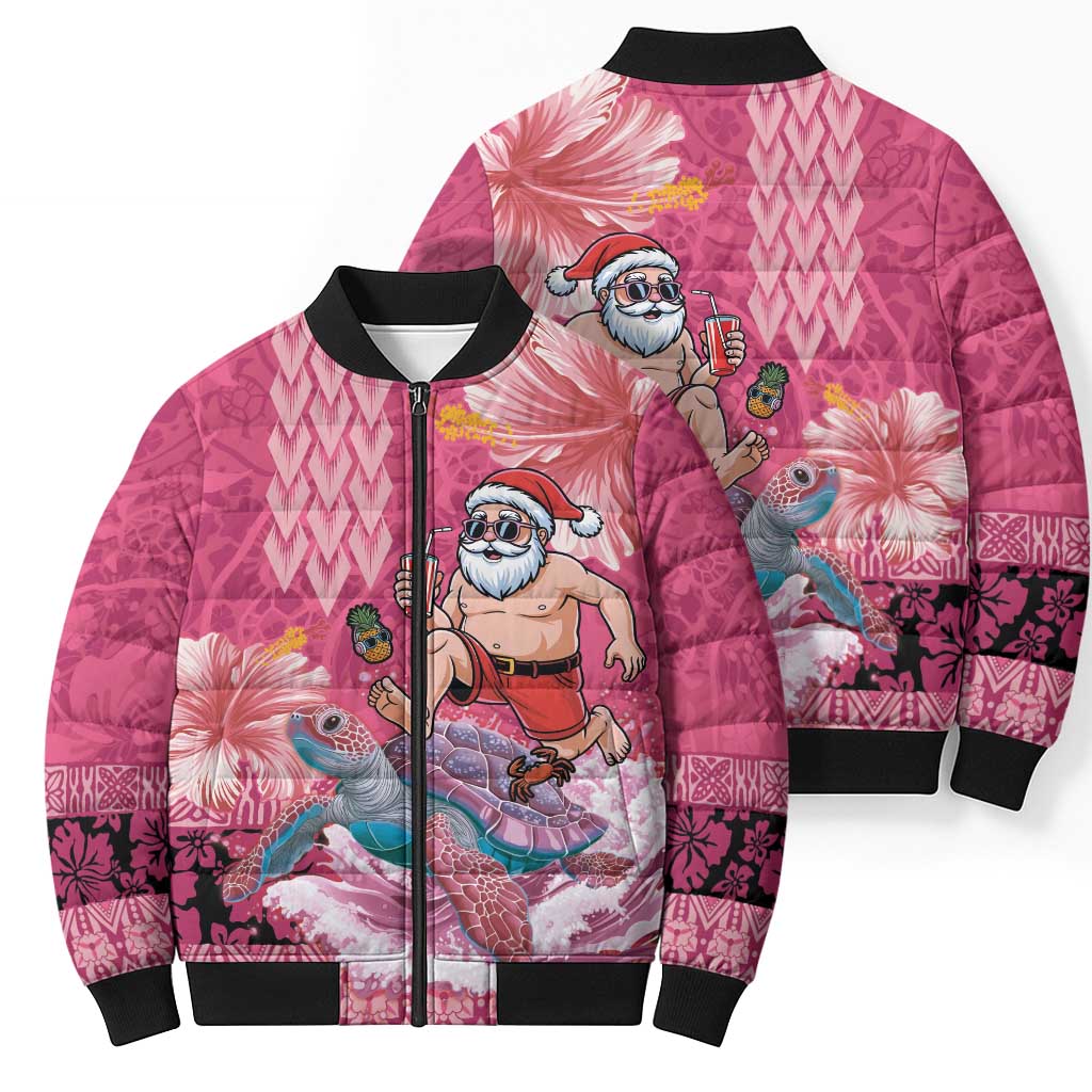 Hawaii Mele Kalikimaka Bomber Puffer Jacket Funny Santa with Tribal Tattoos Kakau Pink Color - Polynesian Pride