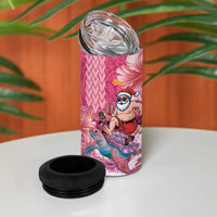 Hawaii Mele Kalikimaka 4 in 1 Can Cooler Tumbler Funny Santa with Tribal Tattoos Kakau Pink Color - Polynesian Pride