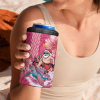 Hawaii Mele Kalikimaka 4 in 1 Can Cooler Tumbler Funny Santa with Tribal Tattoos Kakau Pink Color - Polynesian Pride