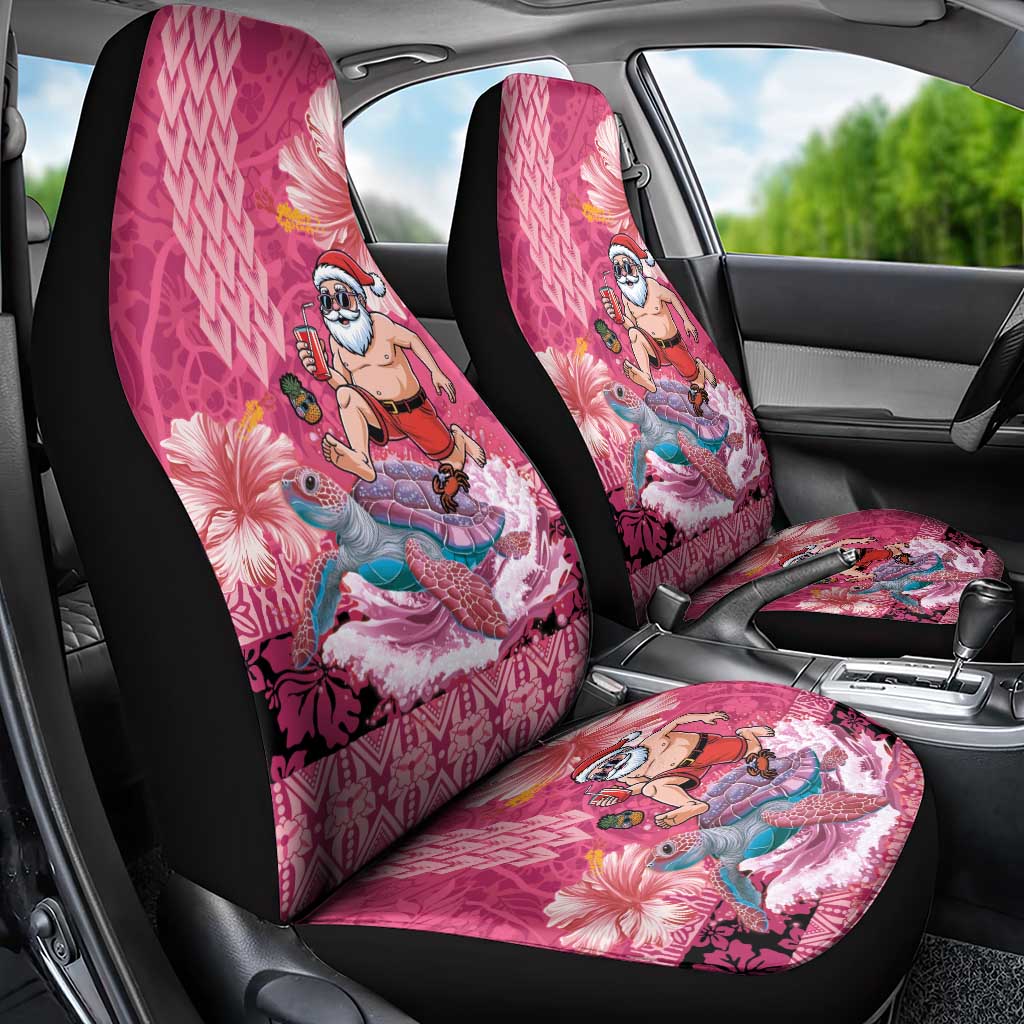 Hawaii Mele Kalikimaka Car Seat Cover Funny Santa with Tribal Tattoos Kakau Pink Color - Polynesian Pride