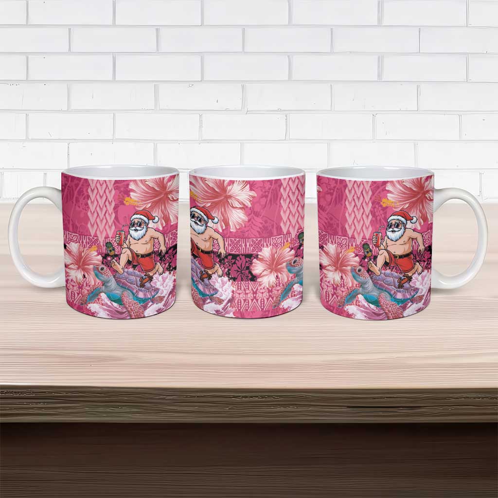 Hawaii Mele Kalikimaka Ceramic Mug Funny Santa with Tribal Tattoos Kakau Pink Color - Polynesian Pride