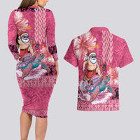 Hawaii Mele Kalikimaka Couples Matching Long Sleeve Bodycon Dress and Hawaiian Shirt Funny Santa with Tribal Tattoos Kakau Pink Color - Polynesian Pride