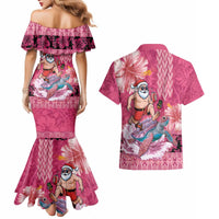 Hawaii Mele Kalikimaka Couples Matching Mermaid Dress and Hawaiian Shirt Funny Santa with Tribal Tattoos Kakau Pink Color - Polynesian Pride