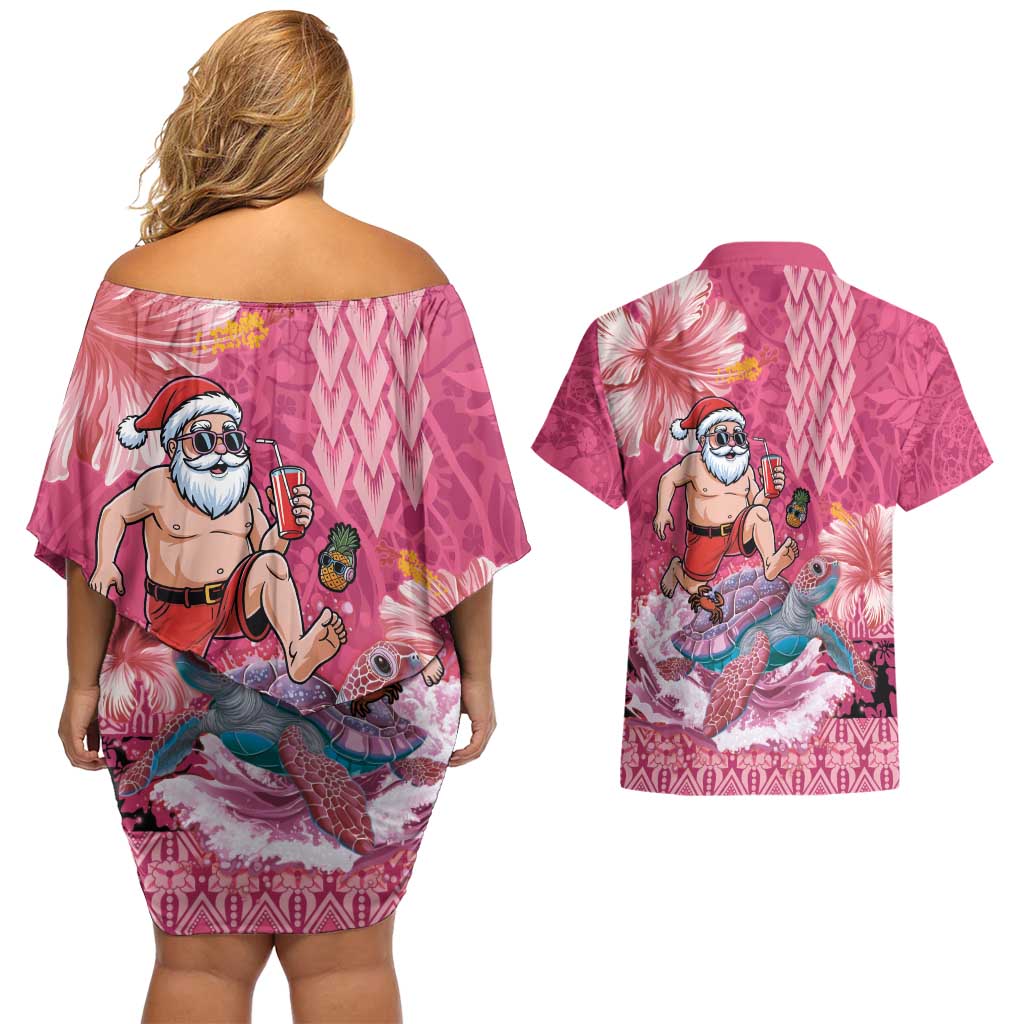 Hawaii Mele Kalikimaka Couples Matching Off Shoulder Short Dress and Hawaiian Shirt Funny Santa with Tribal Tattoos Kakau Pink Color - Polynesian Pride