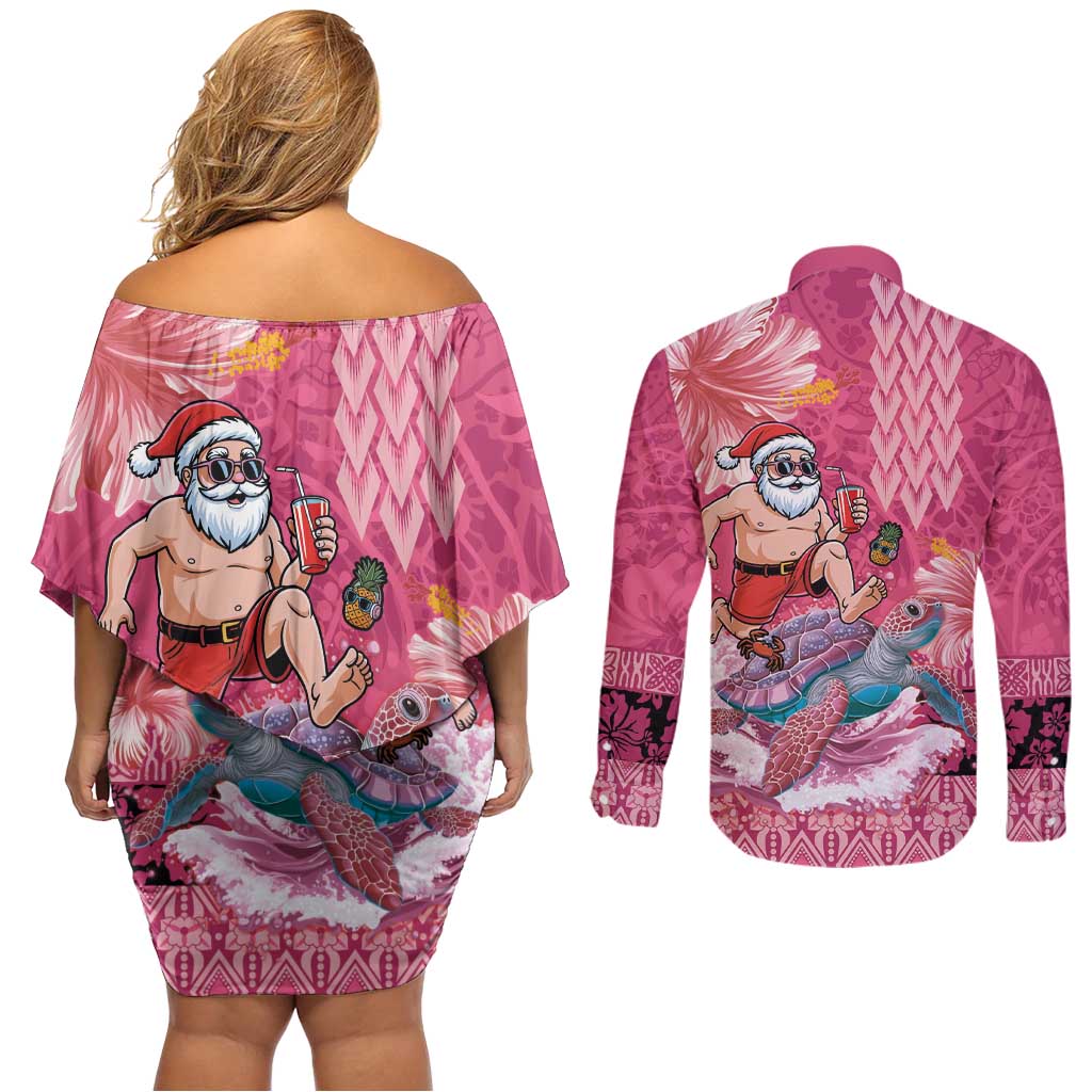 Hawaii Mele Kalikimaka Couples Matching Off Shoulder Short Dress and Long Sleeve Button Shirt Funny Santa with Tribal Tattoos Kakau Pink Color - Polynesian Pride