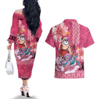 Hawaii Mele Kalikimaka Couples Matching Off The Shoulder Long Sleeve Dress and Hawaiian Shirt Funny Santa with Tribal Tattoos Kakau Pink Color - Polynesian Pride
