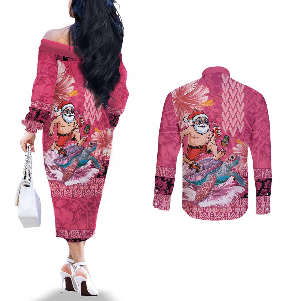Hawaii Mele Kalikimaka Couples Matching Off The Shoulder Long Sleeve Dress and Long Sleeve Button Shirt Funny Santa with Tribal Tattoos Kakau Pink Color - Polynesian Pride