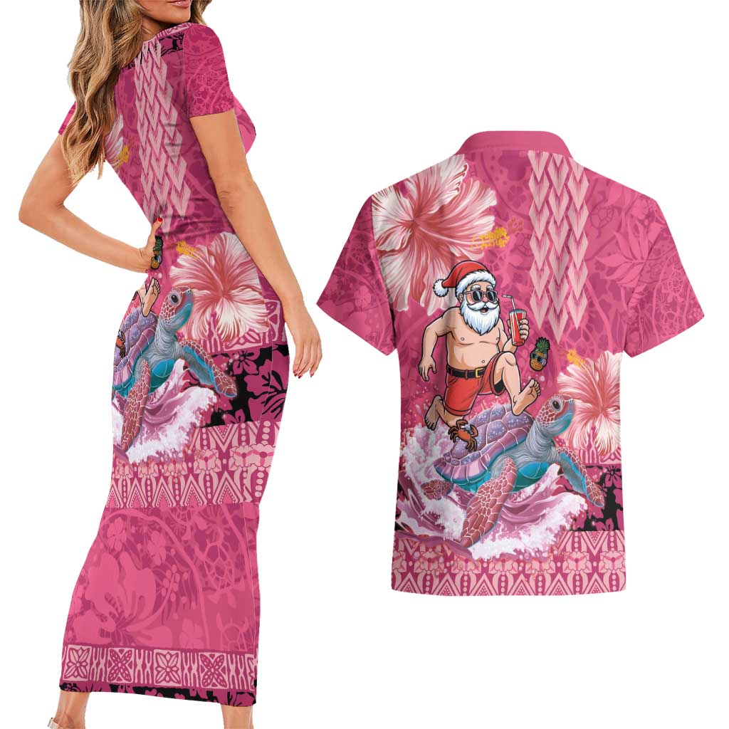 Hawaii Mele Kalikimaka Couples Matching Short Sleeve Bodycon Dress and Hawaiian Shirt Funny Santa with Tribal Tattoos Kakau Pink Color - Polynesian Pride