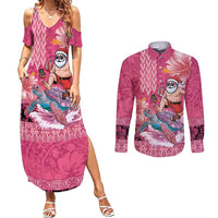 Hawaii Mele Kalikimaka Couples Matching Summer Maxi Dress and Long Sleeve Button Shirt Funny Santa with Tribal Tattoos Kakau Pink Color - Polynesian Pride