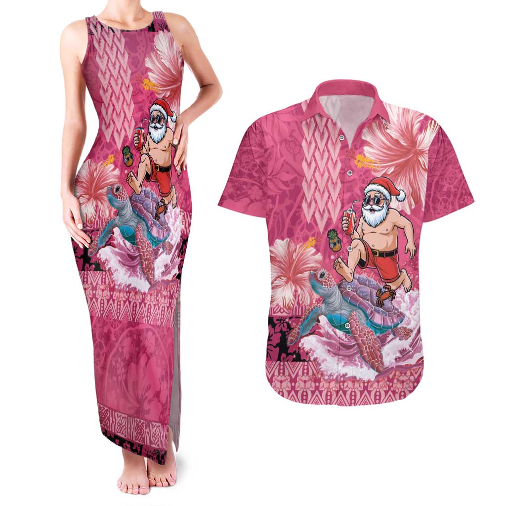 Hawaii Mele Kalikimaka Couples Matching Tank Maxi Dress and Hawaiian Shirt Funny Santa with Tribal Tattoos Kakau Pink Color - Polynesian Pride