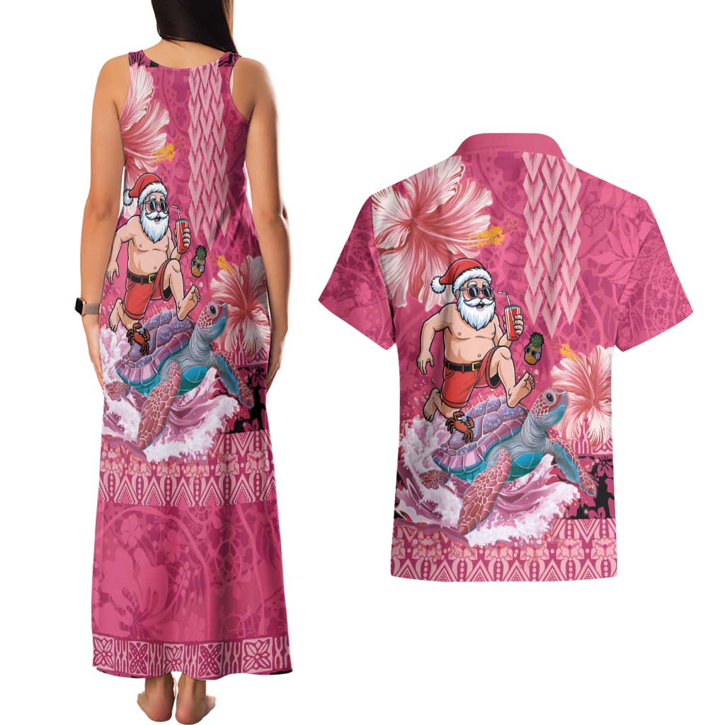Hawaii Mele Kalikimaka Couples Matching Tank Maxi Dress and Hawaiian Shirt Funny Santa with Tribal Tattoos Kakau Pink Color - Polynesian Pride