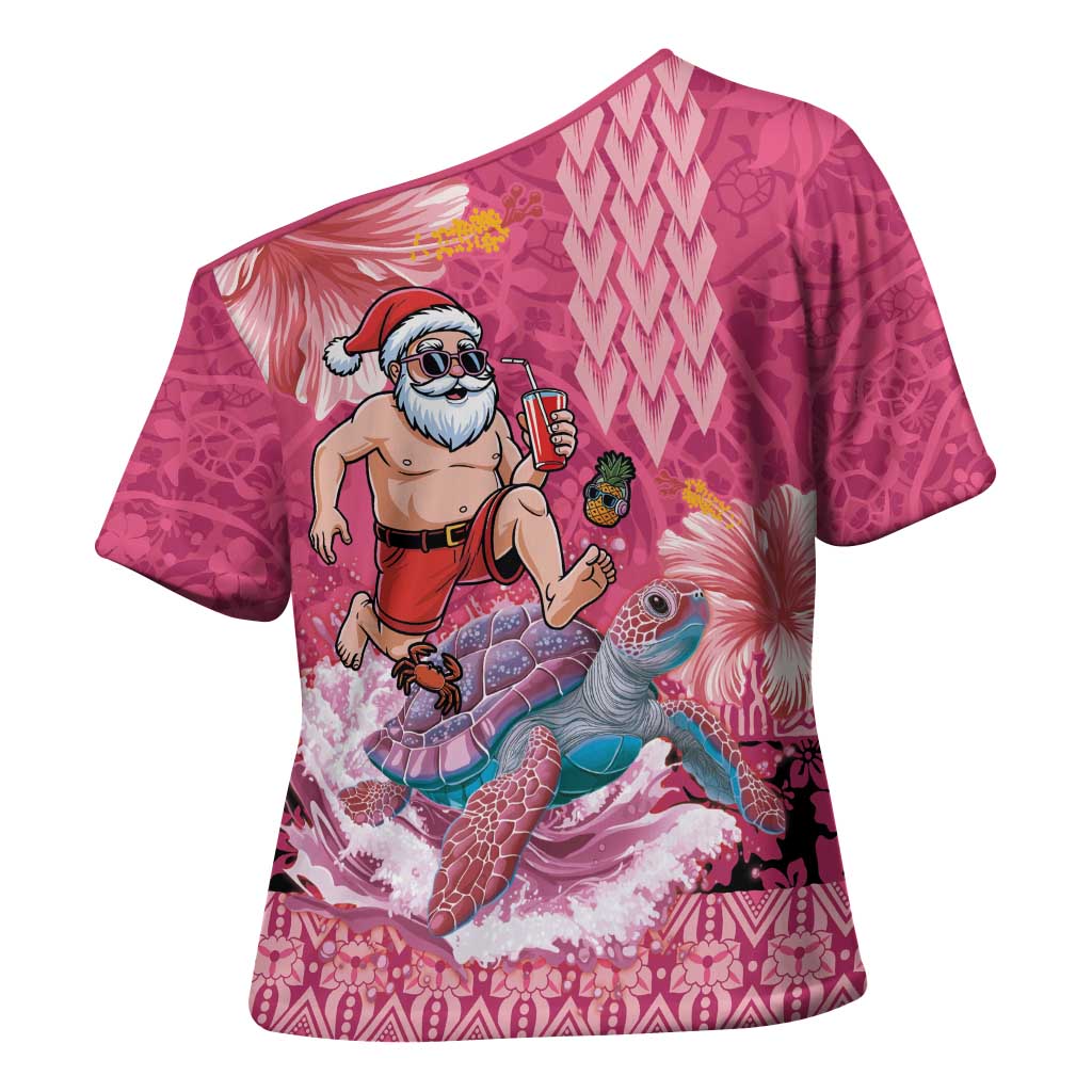 Hawaii Mele Kalikimaka Cross Shoulder Shirt Funny Santa with Tribal Tattoos Kakau Pink Color - Polynesian Pride