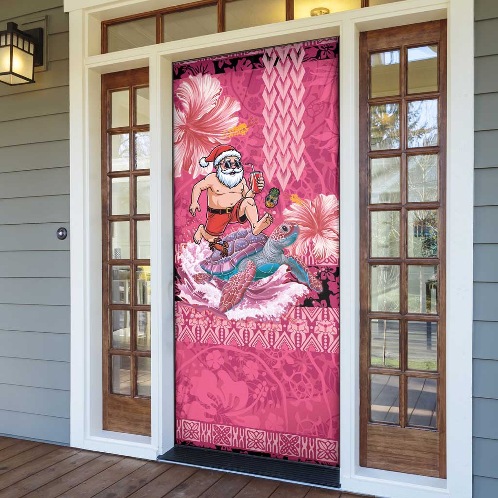 Hawaii Mele Kalikimaka Door Cover Funny Santa with Tribal Tattoos Kakau Pink Color - Polynesian Pride