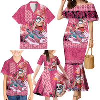 Hawaii Mele Kalikimaka Family Matching Mermaid Dress and Hawaiian Shirt Funny Santa with Tribal Tattoos Kakau Pink Color - Polynesian Pride