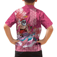 Hawaii Mele Kalikimaka Family Matching Off The Shoulder Long Sleeve Dress and Hawaiian Shirt Funny Santa with Tribal Tattoos Kakau Pink Color - Polynesian Pride