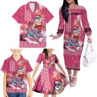 Hawaii Mele Kalikimaka Family Matching Off The Shoulder Long Sleeve Dress and Hawaiian Shirt Funny Santa with Tribal Tattoos Kakau Pink Color - Polynesian Pride