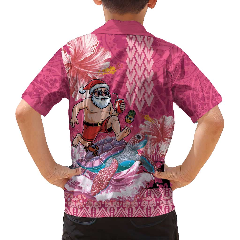 Hawaii Mele Kalikimaka Family Matching Off Shoulder Short Dress and Hawaiian Shirt Funny Santa with Tribal Tattoos Kakau Pink Color - Polynesian Pride