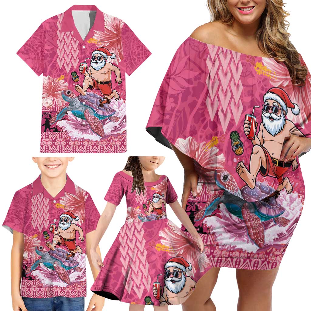Hawaii Mele Kalikimaka Family Matching Off Shoulder Short Dress and Hawaiian Shirt Funny Santa with Tribal Tattoos Kakau Pink Color - Polynesian Pride