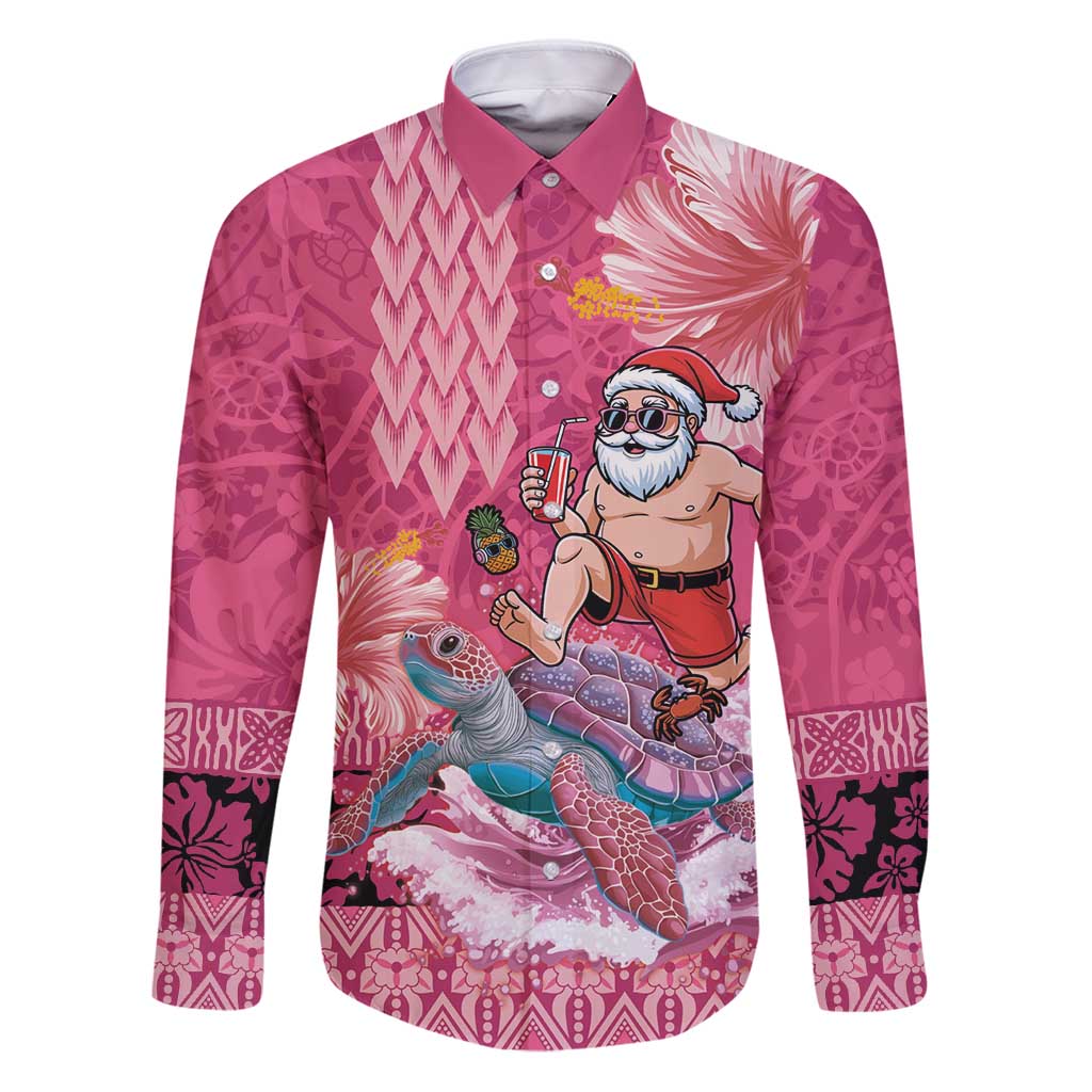 Hawaii Mele Kalikimaka Family Matching Puletasi and Hawaiian Shirt Funny Santa with Tribal Tattoos Kakau Pink Color - Polynesian Pride