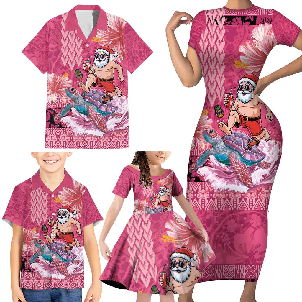 Hawaii Mele Kalikimaka Family Matching Short Sleeve Bodycon Dress and Hawaiian Shirt Funny Santa with Tribal Tattoos Kakau Pink Color - Polynesian Pride