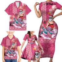 Hawaii Mele Kalikimaka Family Matching Short Sleeve Bodycon Dress and Hawaiian Shirt Funny Santa with Tribal Tattoos Kakau Pink Color - Polynesian Pride
