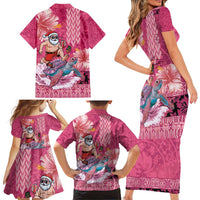 Hawaii Mele Kalikimaka Family Matching Short Sleeve Bodycon Dress and Hawaiian Shirt Funny Santa with Tribal Tattoos Kakau Pink Color - Polynesian Pride