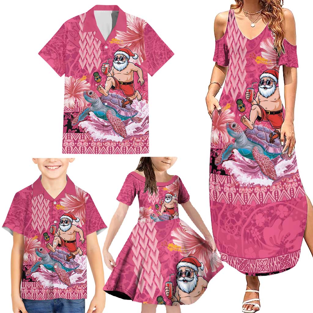 Hawaii Mele Kalikimaka Family Matching Summer Maxi Dress and Hawaiian Shirt Funny Santa with Tribal Tattoos Kakau Pink Color - Polynesian Pride