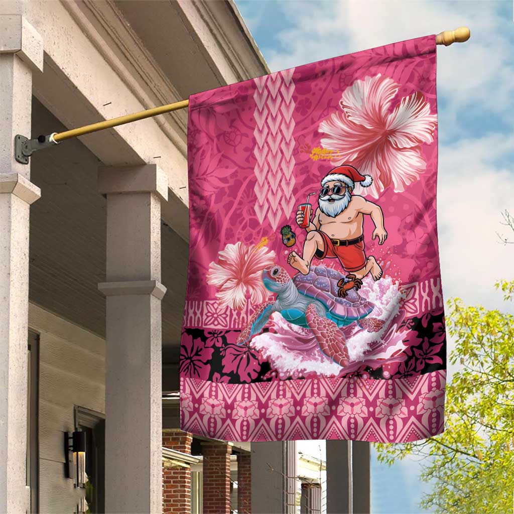 Hawaii Mele Kalikimaka Garden Flag Funny Santa with Tribal Tattoos Kakau Pink Color - Polynesian Pride