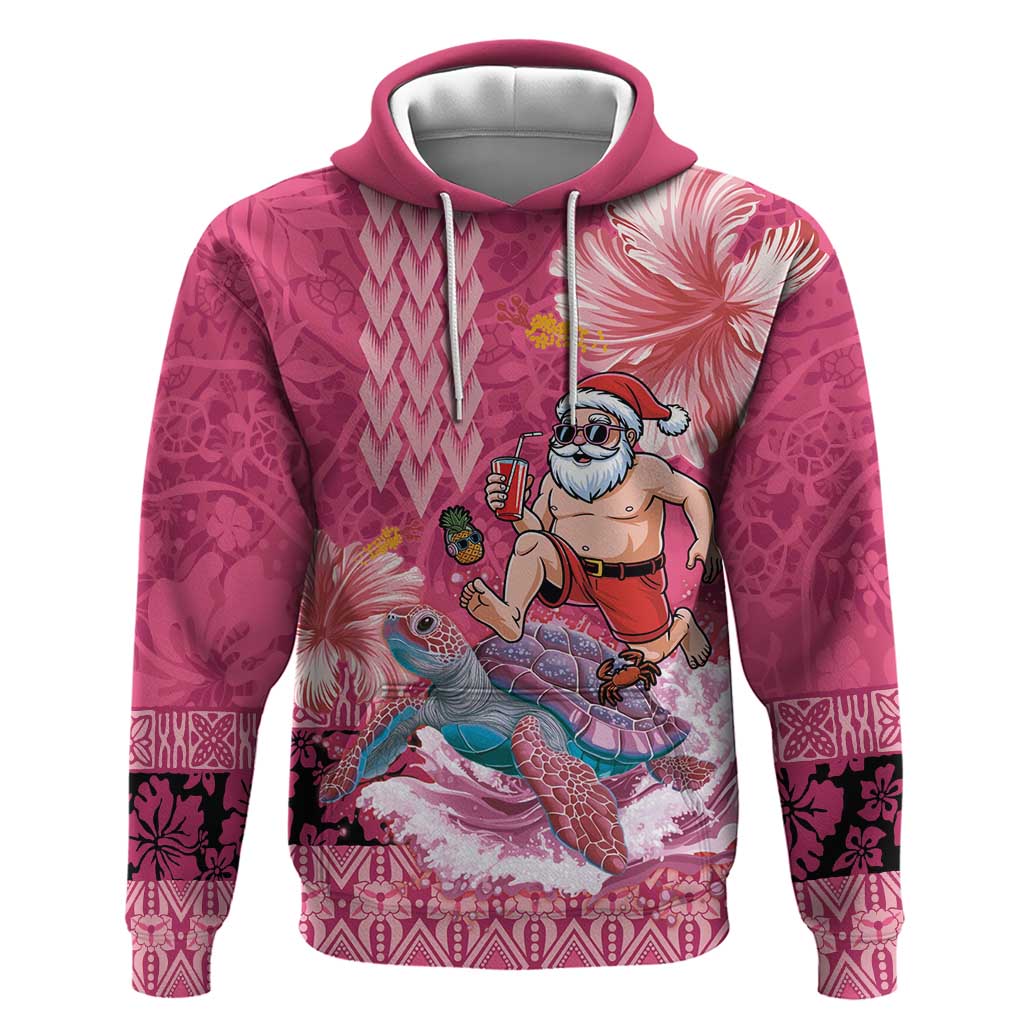 Hawaii Mele Kalikimaka Hoodie Funny Santa with Tribal Tattoos Kakau Pink Color - Polynesian Pride