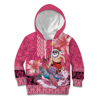Hawaii Mele Kalikimaka Kid Hoodie Funny Santa with Tribal Tattoos Kakau Pink Color - Polynesian Pride
