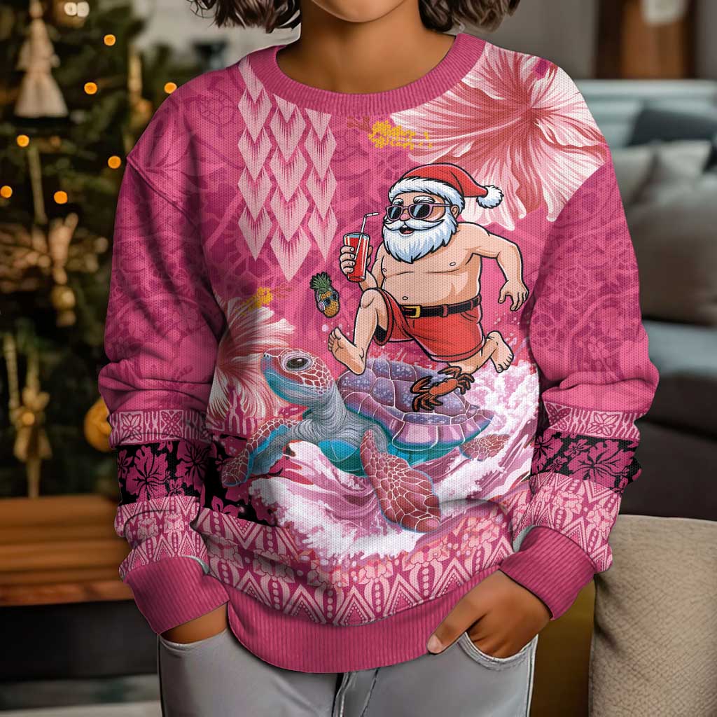 Hawaii Mele Kalikimaka Kid Ugly Christmas Sweater Funny Santa with Tribal Tattoos Kakau Pink Color - Polynesian Pride