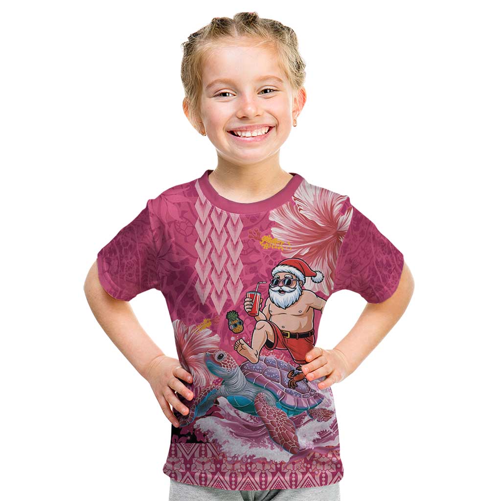 Hawaii Mele Kalikimaka Kid T Shirt Funny Santa with Tribal Tattoos Kakau Pink Color - Polynesian Pride