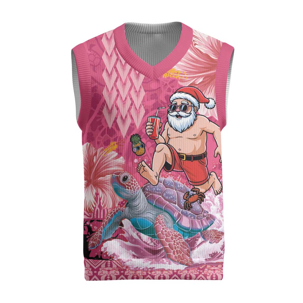 Hawaii Mele Kalikimaka Christmas Knitted V-Neck Vest Funny Santa with Tribal Tattoos Kakau Pink Color - Polynesian Pride