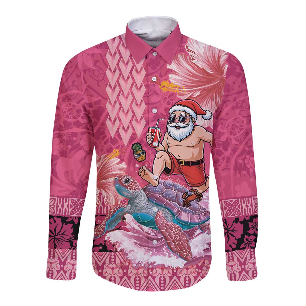 Hawaii Mele Kalikimaka Long Sleeve Button Shirt Funny Santa with Tribal Tattoos Kakau Pink Color - Polynesian Pride