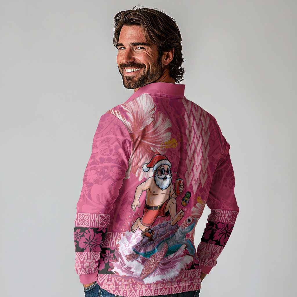 Hawaii Mele Kalikimaka Long Sleeve Polo Shirt Funny Santa with Tribal Tattoos Kakau Pink Color - Polynesian Pride