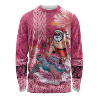 Hawaii Mele Kalikimaka Long Sleeve Shirt Funny Santa with Tribal Tattoos Kakau Pink Color - Polynesian Pride