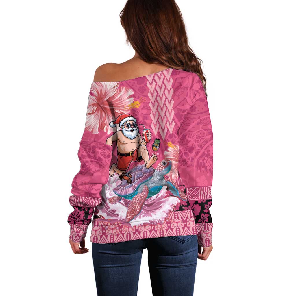 Hawaii Mele Kalikimaka Off Shoulder Sweater Funny Santa with Tribal Tattoos Kakau Pink Color - Polynesian Pride