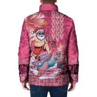 Hawaii Mele Kalikimaka Padded Jacket Funny Santa with Tribal Tattoos Kakau Pink Color - Polynesian Pride