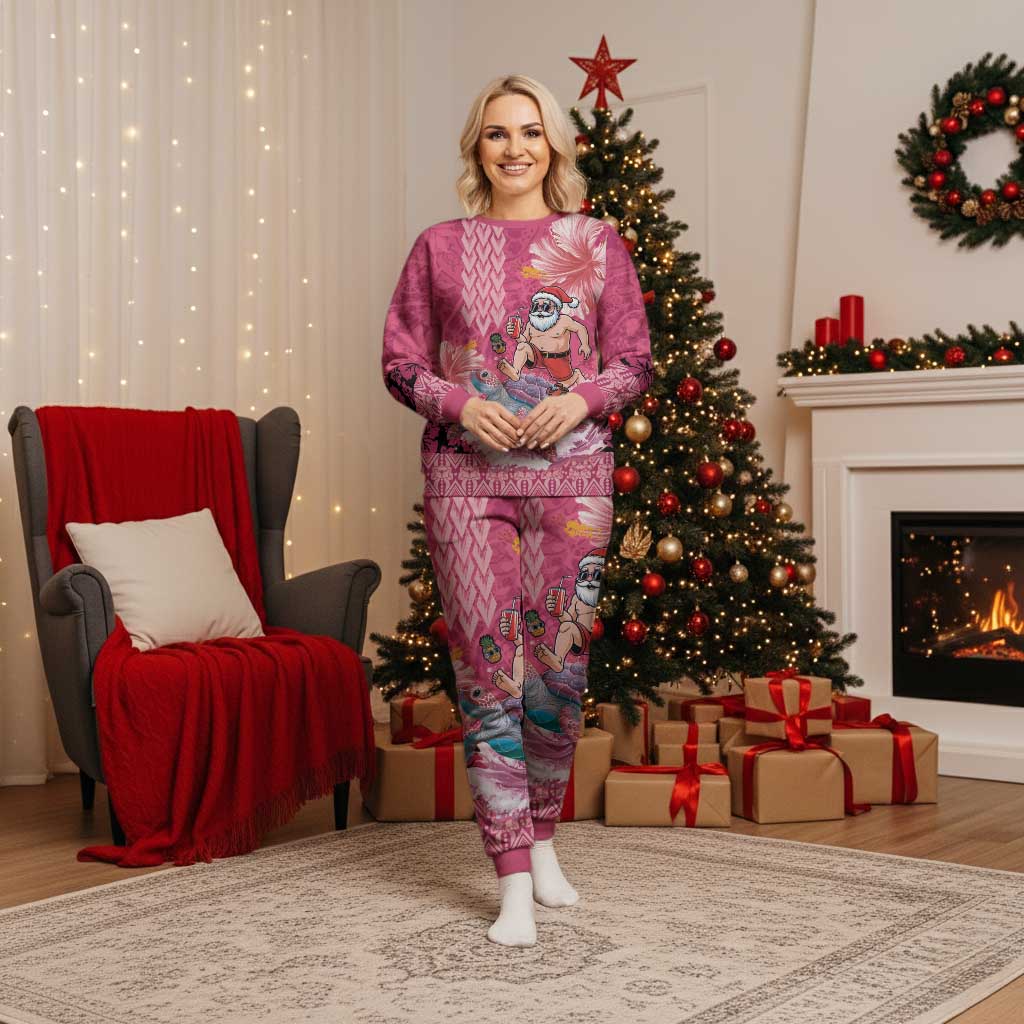 Hawaii Mele Kalikimaka Christmas Pajama Set Funny Santa with Tribal Tattoos Kakau Pink Color - Polynesian Pride